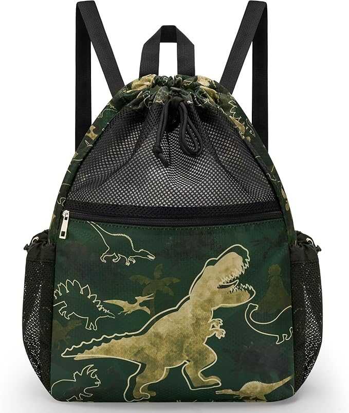 WAWSAM Dinosaur Kids Drawstring Backpack - Mesh Drawstring Bag for Boys Swim Bag with Waterproof Zipper Pocket Kids Beach Backpack for Swimming Pool Sport Yoga Travel Mesh Gym Bag