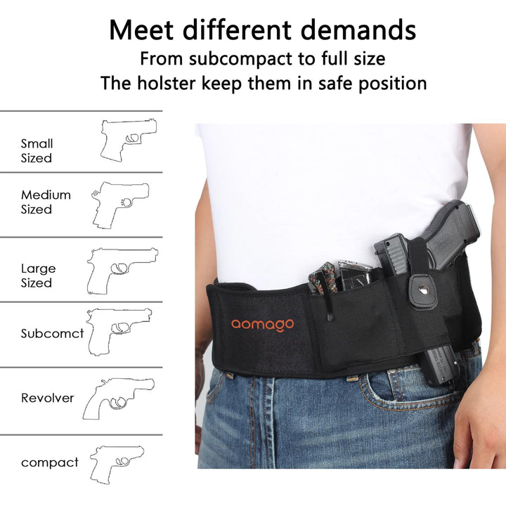 Aomago Belly Band Holster for Men Women - Gun Holster for Comfortable Carry Fits Glock, Smith Wesson, Taurus, Ruger, and More-Breathable Neoprene Waistband Holster for Most Pistols and Revolvers