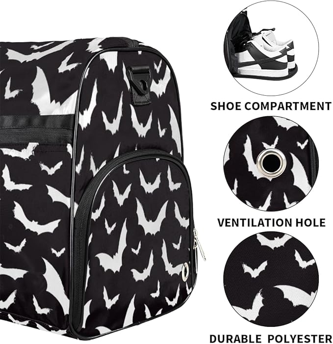 Hallowen Scary Bats Dry Wet Depart Duffle Overnight Bag with Shoes Compartment & Wet Pockets, Water Resistant Weekender Travel Gym Pouch For Swim Gymnastics Ballet Sleepovers