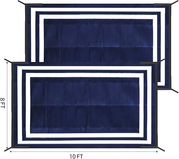 8'x 10' Outdoor Rug,Waterproof Reversible Patio Rugs,8x10 ft Plastic Straw Outdoor Carpet Foldable Plastic Camping Mat for Outside RV, Patio,Picnic,Camper,Balcony,Porch(Navy Blue &White)