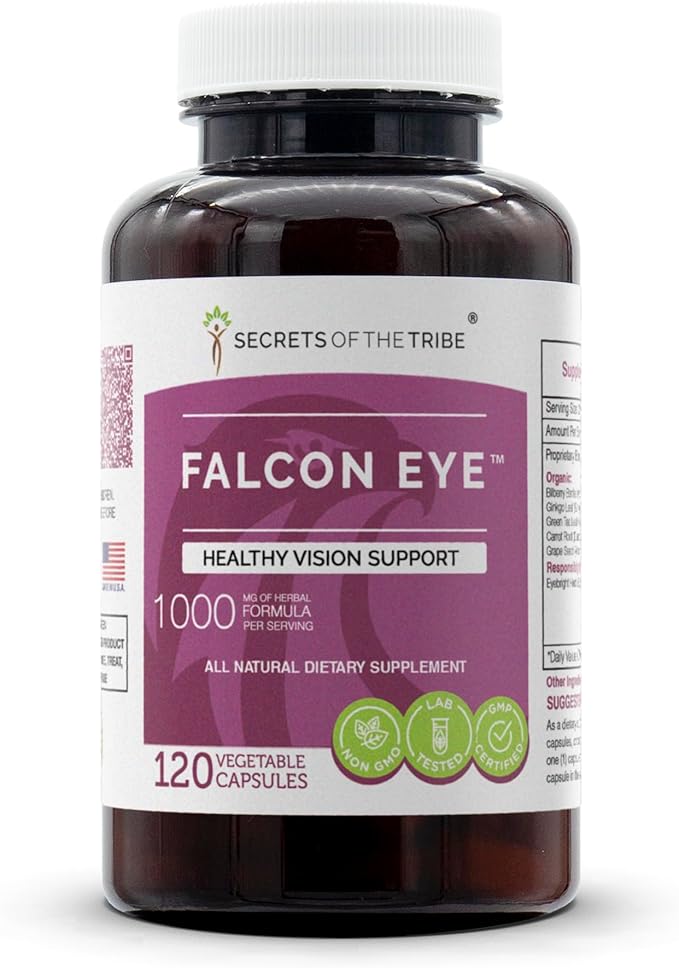 Secrets of the Tribe Falcon Eye 120 Capsules, 1000 mg, Bilberry, Eyebright, Ginkgo, Green Tea, Carrot, Grape. Healthy Vision Support (120 Capsules)