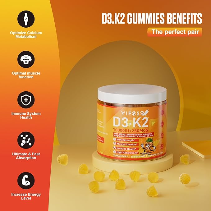 Vitamin D3 K2 Sugar-Free 120 Gummies, Vitamin D3 10,000IU with K2 (MK-7) 200mcg, 600mg Calcium +Magnesium Citrate, Multivitamin Adults Vitamin C+A, Support Bone Muscle Teeth Immune, Energy