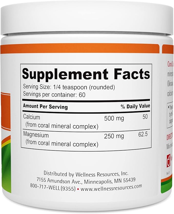 Coral Calcium Powder, Marine Grade, Natural 2:1 Calcium to Magnesium Ratio (500mg, 60 Servings)