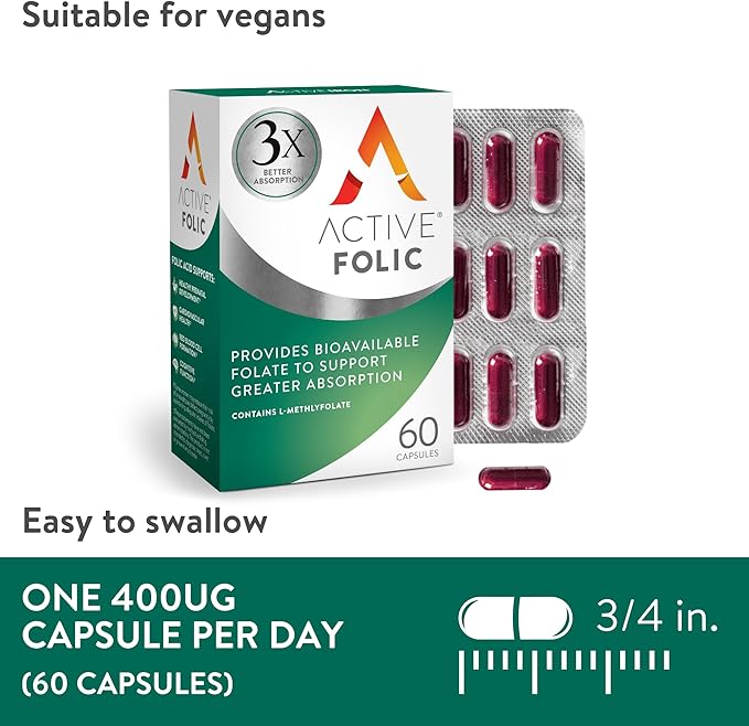 Active Folic, Folic Acid Supplement for Pregnancy, 60 Capsules, Fights Tiredness & Fatigue, 3X Better Absorption of L-Methylfolate, Vegan, Gluten Free & Sugar-Free, 2 Month Supply