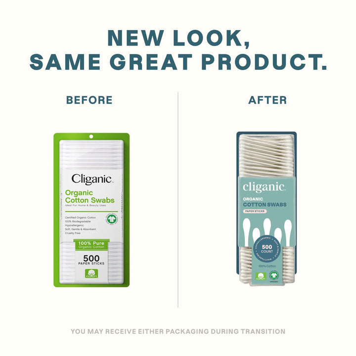 Cliganic Organic Cotton Swabs, 500 Count - 100% Pure Natural Cotton, Chlorine-Free Hypoallergenic, Soft, Gentle & Absorbent Buds