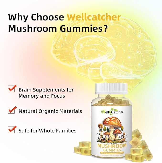Lion's Mane Mushroom Gummies for Adults - Mushroom Complex Supplement Gummies for Kids Focus And Energy Sugar Free With Cordyceps Green Tea, Mood Gummies Organic Vegan Non Gmo Orange Flavor 60ct