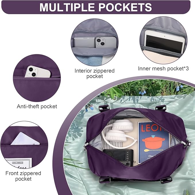 Sports Duffel Bags for Women Dark Purple Weekender Travel Totes Bag for Airplane, Cute Sports Gym Dance Bag Overnight Luggage Bag with Wet Pocket, Carry On Hospital Bag for Labor and Delivery