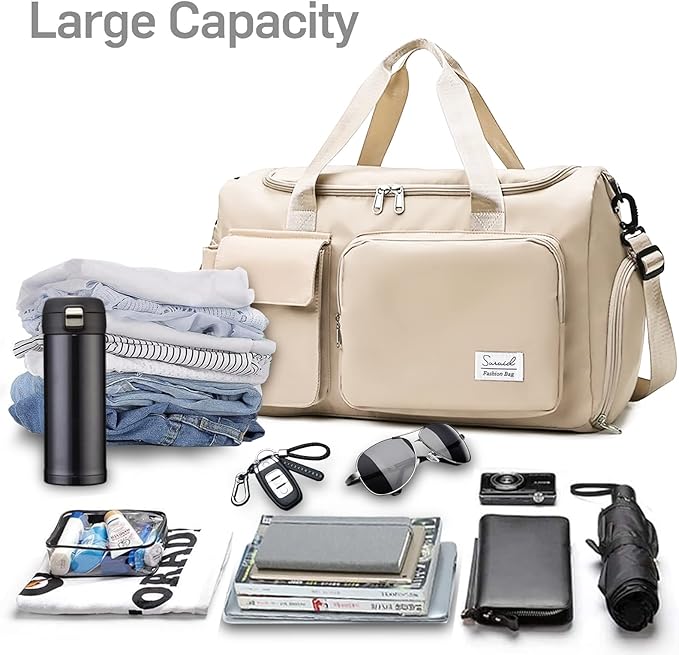 Sports Gym Bag with Shoes Compartment Travel Duffel Bag with Dry Wet Separated Pocket for Men and Women, Overnight Bag Weekender Bag Training Handbag Yoga Bag - Off White