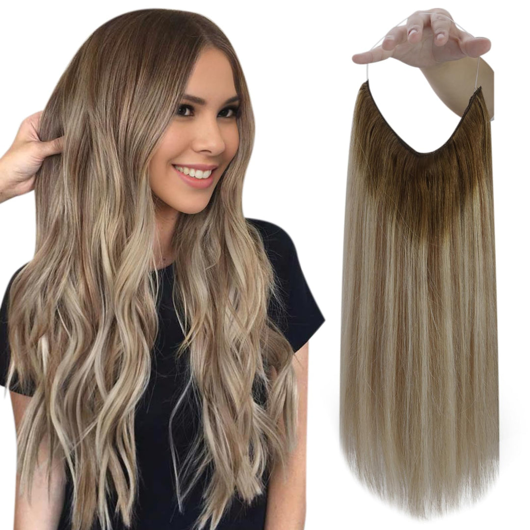 Fshine Invisible Wire Hair Extensions Real Human Hair 14 Inch Wire Human Hair Extensions Balayage Walnut Brown To Ash Brown And