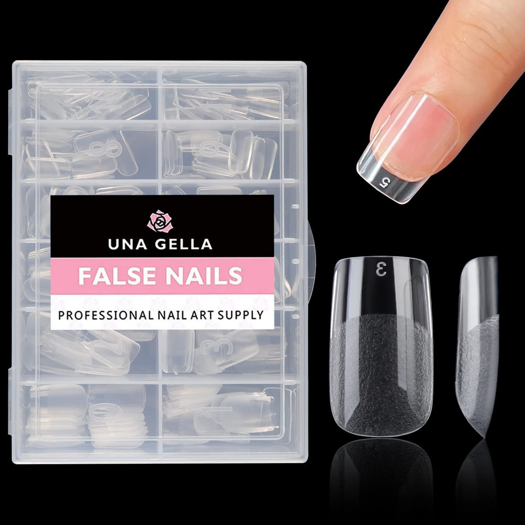 UNA GELLA 504PCS Short Nail Tips Square Shape Nail Extension Square Pre Etched Gel Fake Nails Tips No C Curve For Women DIY French Style Salon At Home Full Cover Soft Acrylic False Tips 12 Sizes