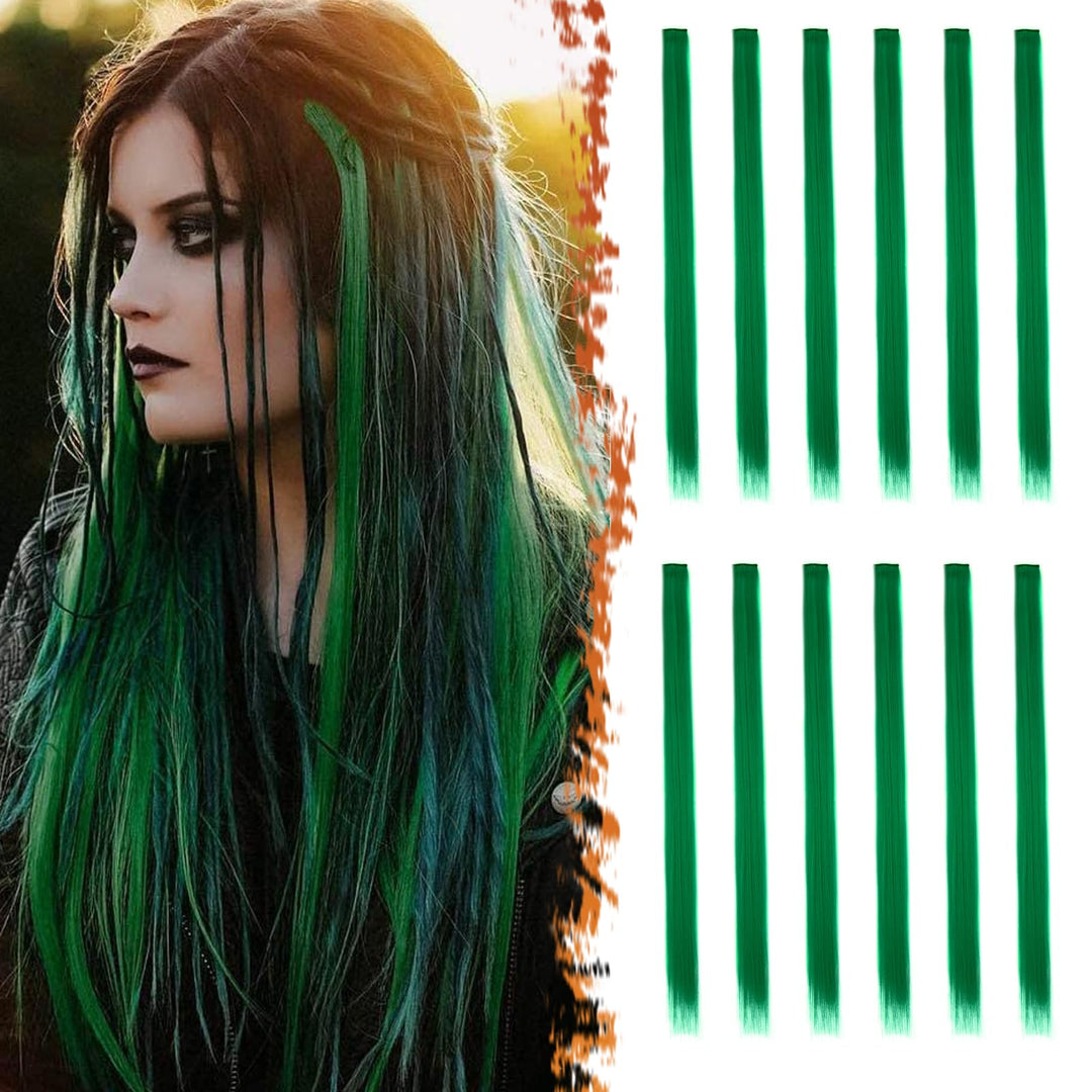Barsdar Colored Hair Extensions Clip In - 22 Inch 12 Pcs Party Highlights Green Clip In Hair Extensions Straight Synthetic Clip