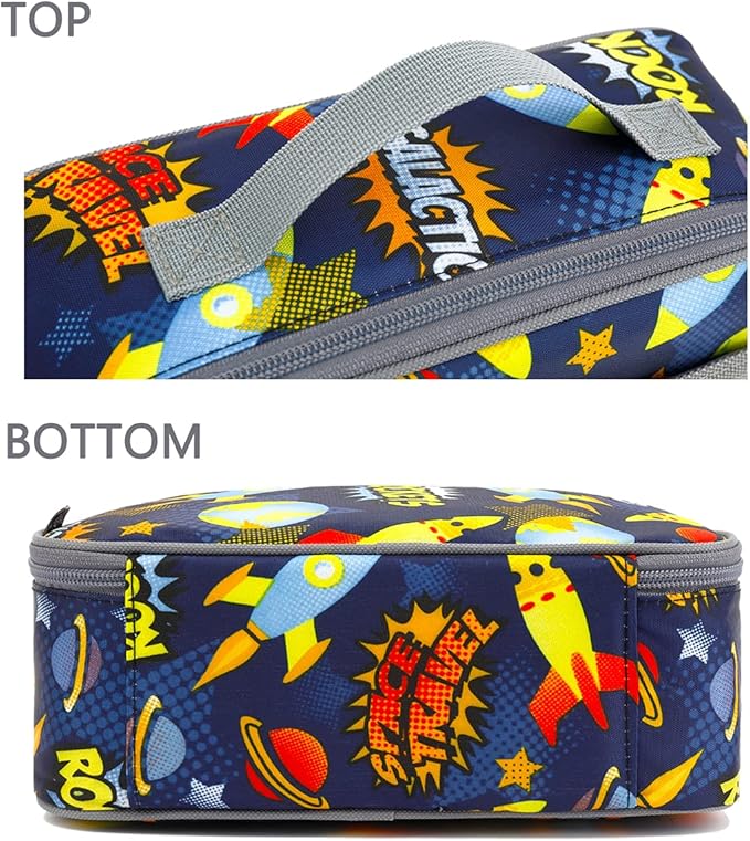 FlowFly Kids Lunch box Insulated Soft Bag Mini Cooler Back to School Thermal Meal Tote Kit for Girls, Boys, Outer Space Rocket Ships in Dark Navy Blue