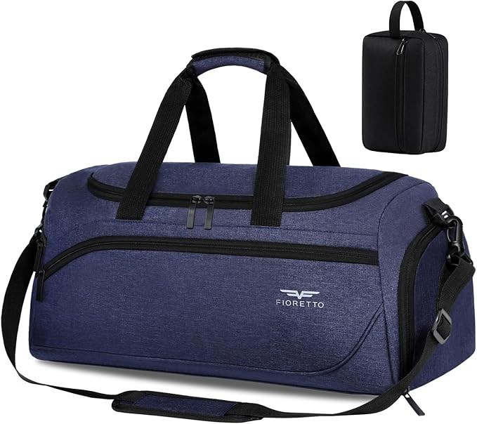 FIORETTO 35L Mens Sports Gym Bag with Toiletry Bag & Shoe Compartment, Travel Duffle Bag Overnight Bag with Padded Shoulder Strap, Sports Holdall for Swimming, Basketball Navy