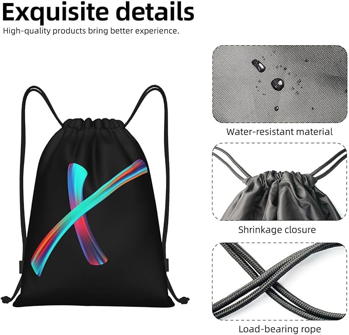 Drawstring Bags Initial Drawstring Backpack Sackpack Black Draw String Cinch Bags for Sports, Gym, Travel, Swimming, Beach, Camping, Rainbow Letter X