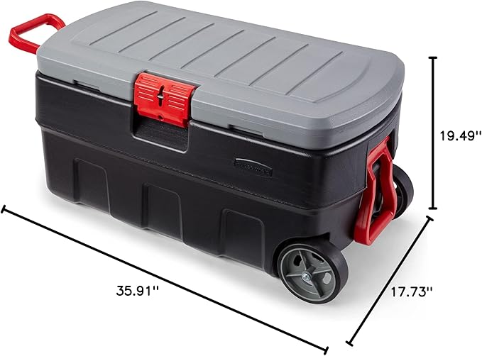Rubbermaid ActionPacker 35 Gallon, Made in USA, Lockable Plastic Storage Bin with Lid and Wheels- Outdoor, Industrial, Rugged, Camping Gear and Truck Bed Storage - Gray and Black