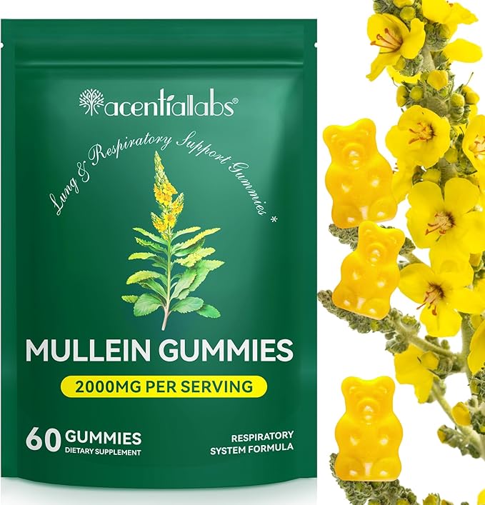 Mullein Gummies for Lung Detox,2000mg Mullein Leaf herb Extract for Lung Cleanse Support,Organic Mullein Herb Supplement for Daily Respiratory Health Gummies 60 Gummies