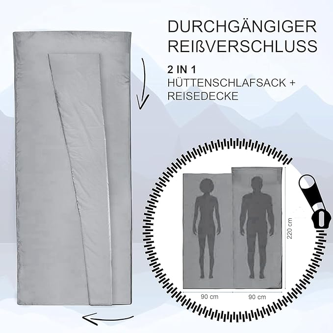 2-in-1 Sleeping Bag Liner and XL Sized Travel Sheet - All Around Zipper - 100% Cotton - Ultra Lightweight Sleep Liner for Hotel Hostel and Camping