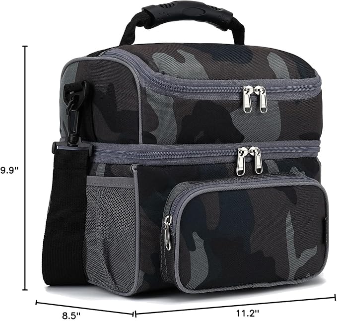 FlowFly Double Layer Cooler Insulated Lunch Bag Adult Lunch Box Large Tote Bag for Men, Women, With Adjustable Strap,Front Pocket and Dual Large Mesh Side Pockets