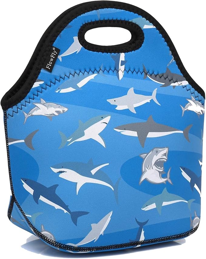 FlowFly Neoprene Kids Lunch box Insulated Soft Bag Mini Cooler Thermal Meal Tote Kit for Boys, Girls,Men,Women,School,Work, Office, Shark