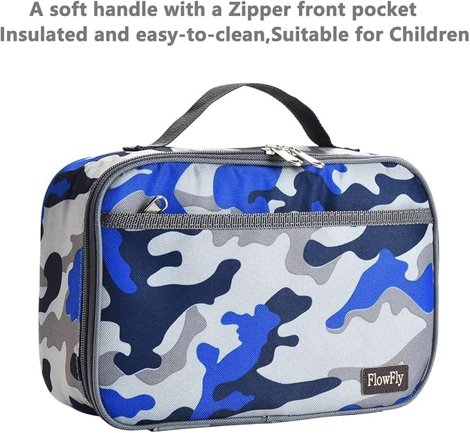FlowFly Kids Lunch box Insulated Soft Bag Mini Cooler Back to School Thermal Meal Tote Kit for Girls, Boys,Blue Camo