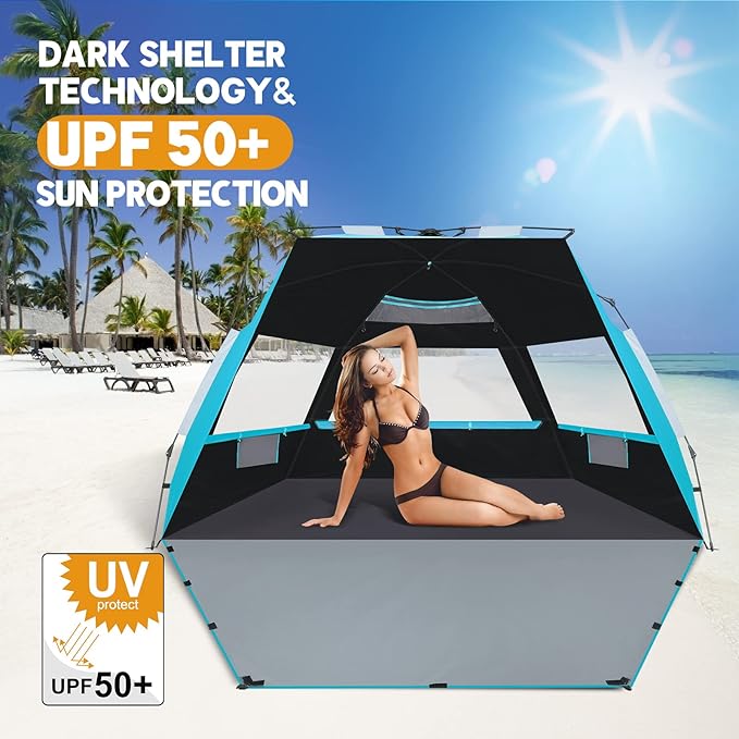 Beach Tent, Deluxe XL Pop-up Beach Tent for 4-6 Person, UPF 50+ with Dark Shelter Technology, Easy Set Up and Portable Beach Tent Sun Shelter