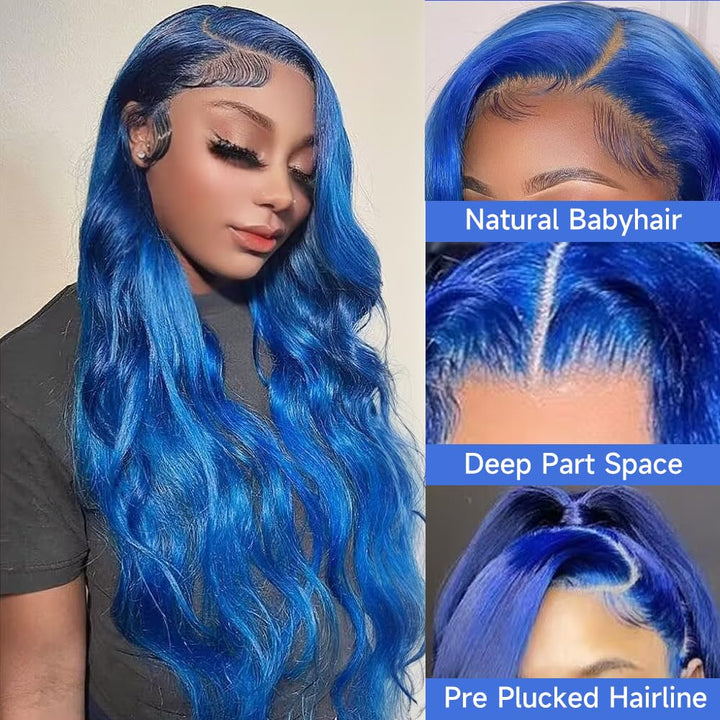 Loyom Blue Lace Front Wig Human Hair 13x4 Body Wave Blue Human Hair Wig Colored Lace Front Wigs Human Hair Pre Plucked 12A 200 Density Glueless HD Lace Frontal Wigs 22 Inch
