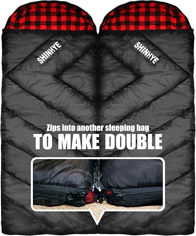 ShinHye 0 Degree Sleeping Bag for Adults - Cotton Flannel 4 Season Cold Weather Winter, XXL Big and Tall Camping Sleeping Bag with Compression Sack