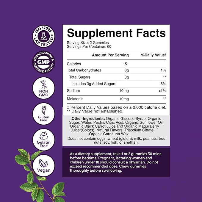 Organic Melatonin Gummies 10mg per Serving - Fast Acting Tasty Sleep Gummies for Adults Extra Strength Melatonin 10mg for Adults Enhanced Sleep Quality & Duration - Non GMO Organic & Vegan (60 Days)