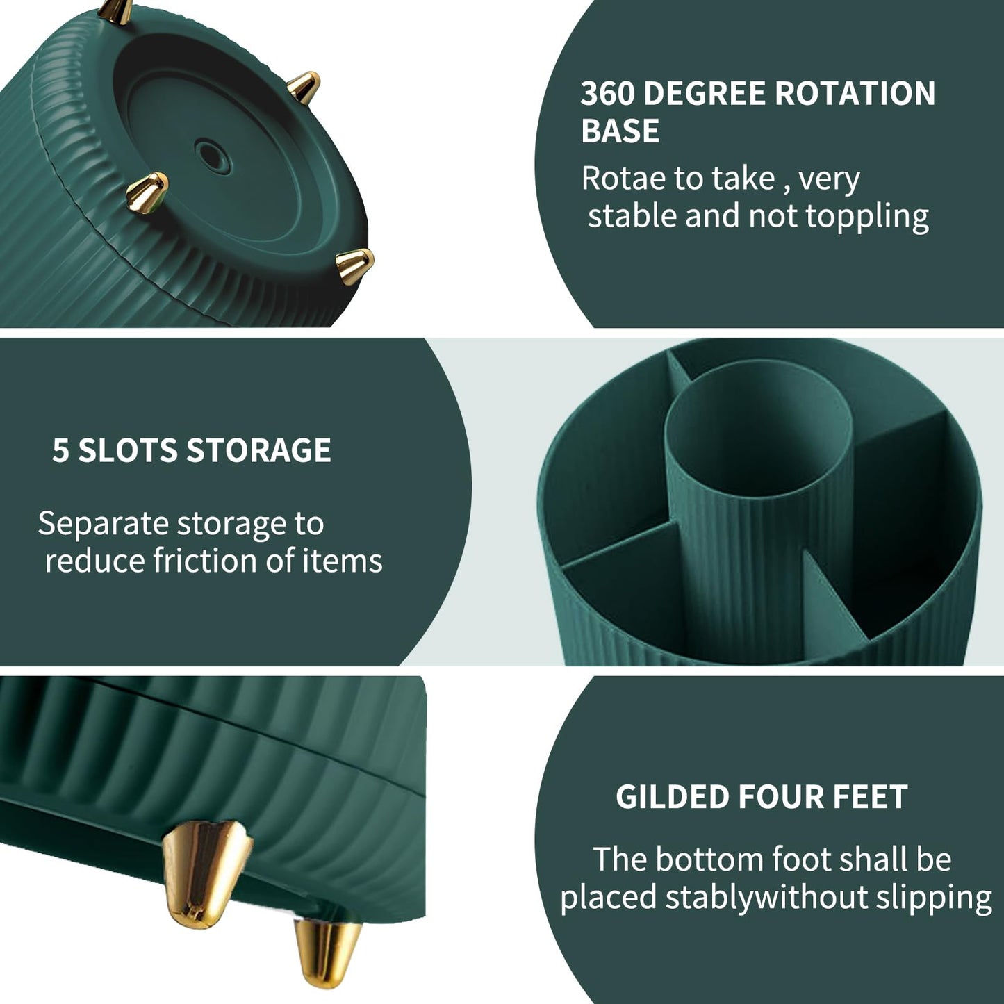 360° Rotating Makeup Organiser, Make Up Brush Holder with 5 Compartments, Desk Storage Container for Bedroom Dressing Table Cosmetics Organizer, Office Stationery Storage, Desktop Pen Holders (Green)