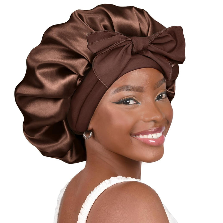 Silk Sleeping Bonnet for Women | Double Layer Satin Lined | Curly Hair, Black