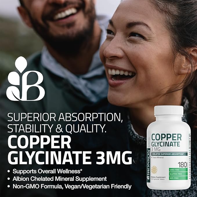 Bronson Copper Glycinate 3mg Chelated Superior Absorption Non-GMO, 180 Vegetarian Tablets