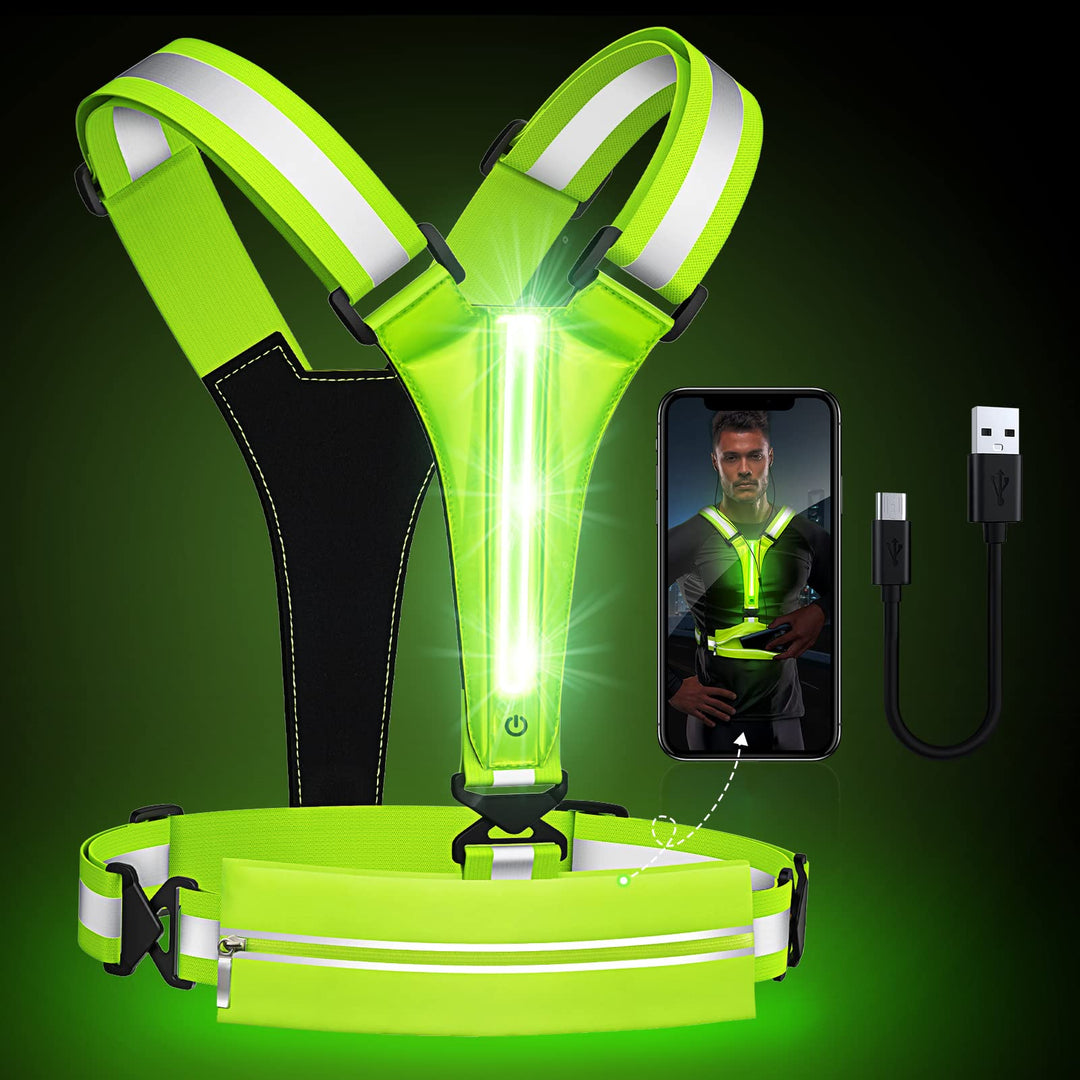 Ylzzrs LED Reflective Vest Running Gear, USB Rechargeable Light Up Running Vest Chest Phone Holder for Runners Night Walking,6-11hrs Light Adjustable Waist/Shoulder for Women Men Kids (Green)