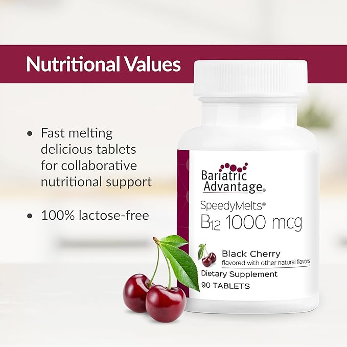 Bariatric Advantage B-12 Speedy Melts, Vitamin B12 1000 mcg Supplement, Fast Melting with 200 mcg of Folic Acid for Nutritional Support - Black Cherry, 90 Count