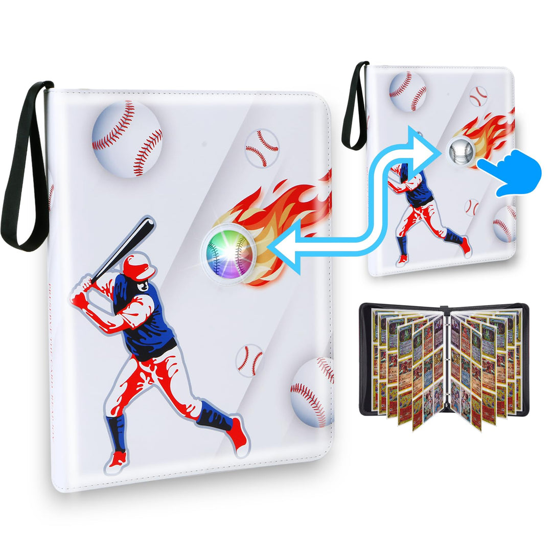 Baseball card binder,Baseball card holder,Trading Card Binder,with 7 Colorful Light Flashing Cards Binder,900 Card Capacity, Durable Leather, Zipper Closure, Convenient Handle(9Pocket)