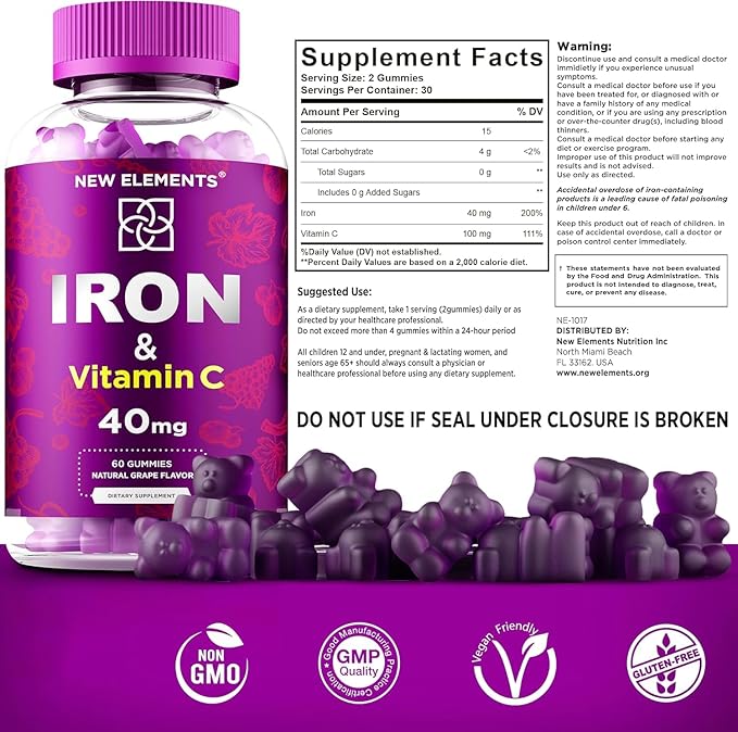 Iron Gummies 40mg with Vitamin C 100mg – Best Iron Supplement for Women, Men & Adults – Free Blood Builder for Anemia – Immune Support & Energy Booster | Fruit Pectin | Vegan | Non-GMO