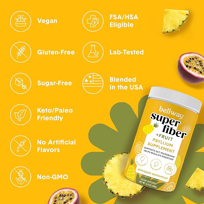 Bellway Super Fiber Powder + Fruit, Sugar Free Organic Psyllium Husk Powder Fiber Supplement for Regularity, Bloating Relief & Gut Health, Non-GMO, Plant-Based, Pineapple Passion Fruit (50 Servings)