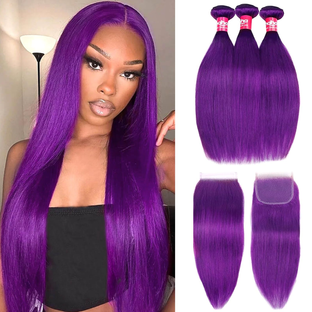 Haha Purple Human Hair Bundles With Closure Purple Straight Weave Bundles Human Hair With Hd Lace Closure Colored Brazilian Virg