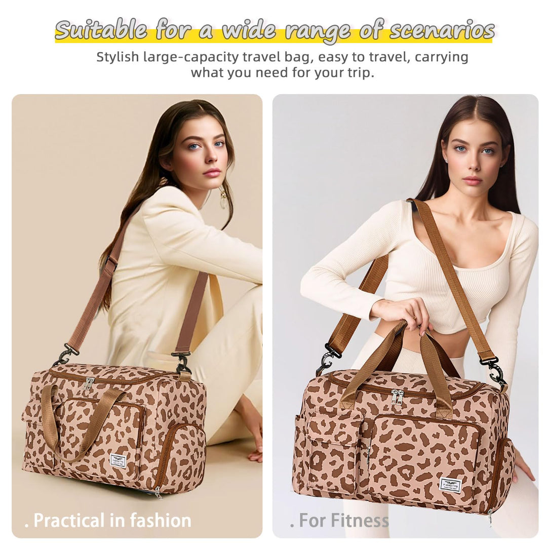 FIORETTO Women's Water-Resistant Gym Duffle Bag with Shoes Compartment, 37L Capacity, Multi-Functional, Ideal for Travel, Gym, Sports, Weekender, Leopard Print