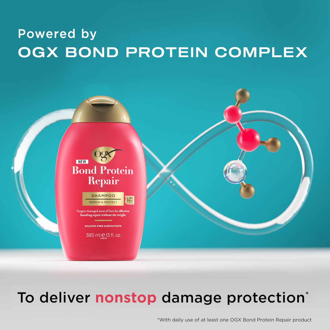 OGX Repair & Protect Bond Protein Shampoo, Lightweight Hair Wash Cleanses & Targets Damaged Areas for Effective Bond Repair, Sulfate-Free Surfactants, 13 fl. oz