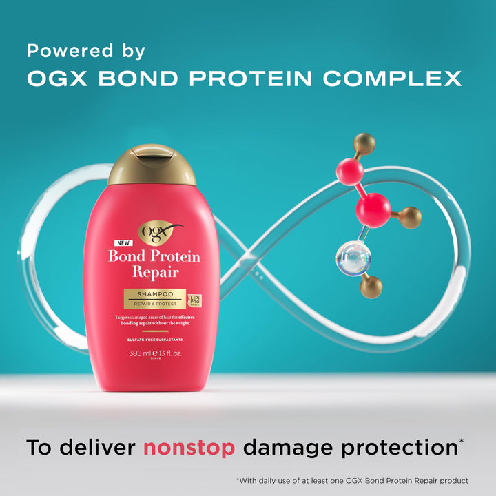 OGX Repair & Protect Bond Protein Shampoo, Lightweight Hair Wash Cleanses & Targets Damaged Areas for Effective Bond Repair, Sulfate-Free Surfactants, 13 fl. oz