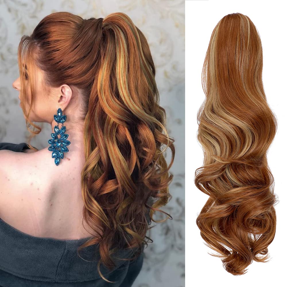 FELENDY Ponytail Extension Claw 18" 20" Curly Wavy Straight Clip in Hairpiece One Piece A Jaw Long Pony Tails for Women Light Auburn Mix Ash Blonde