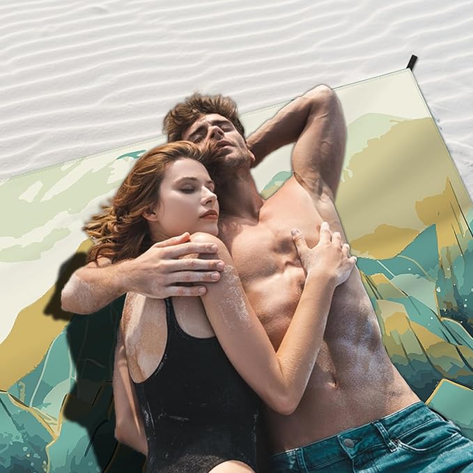 Beach Blanket Waterproof Sandproof Large Beach Mat 83" X 106" for 5-7 Adults Sand Free Mat Quick Drying,Oversized,Lightweight & Durable with 4 Stakes & 4 Corner Pockets for Beach Camping .(Mountain)