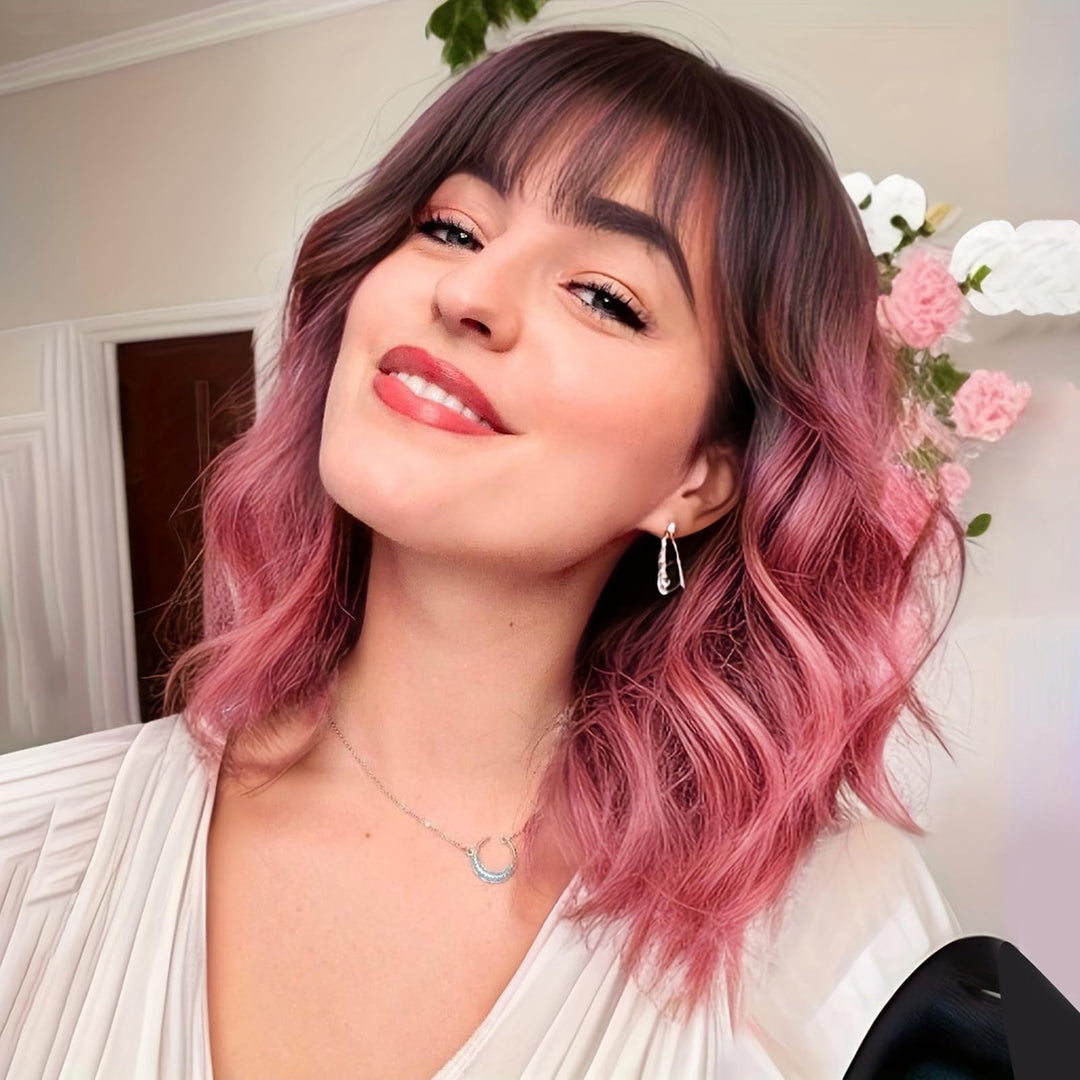 Nnzes Pink Wig With Bangs For Women Short Bob Wavy Charming Synthetic Wigs With Natural Shoulder Length Curly Heat Resistant Fib