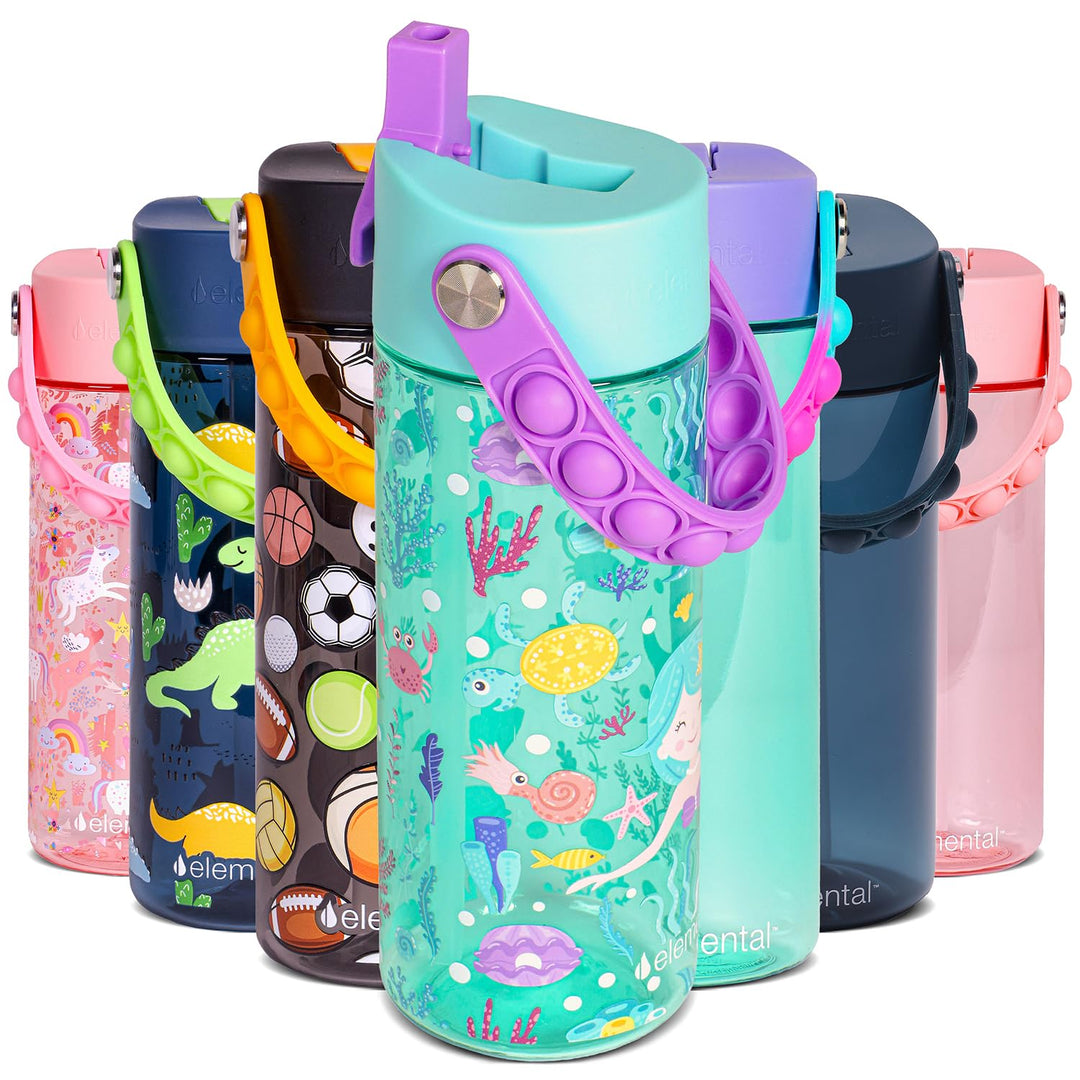 Elemental Leak Proof Water Bottles for Kids - Splash Kids Water Bottle for School with Fun Fidget Pop-it Handle - BPA Free Tritan Plastic Reusable Water Bottle with Straw - Mermaid - 18oz