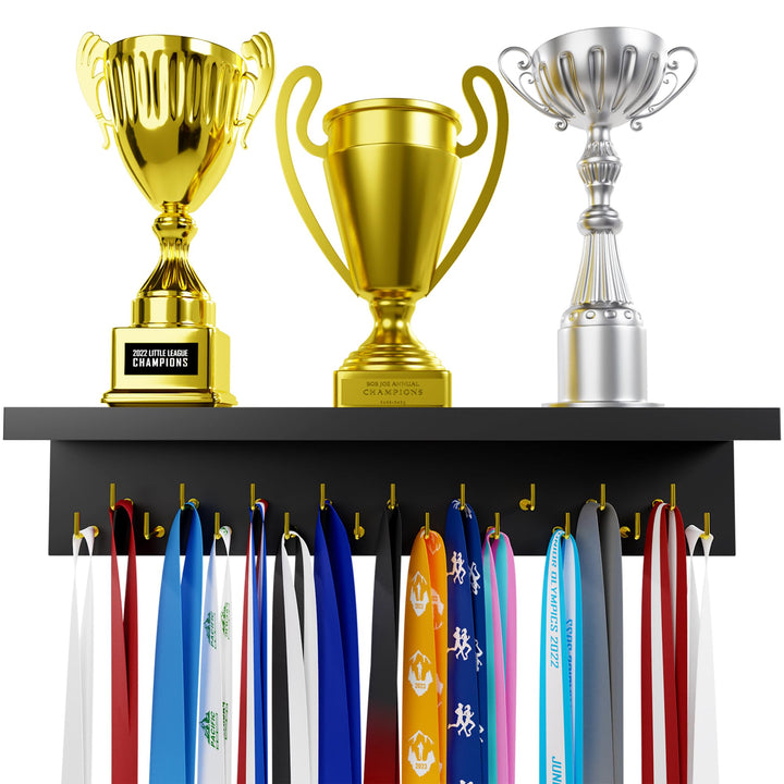 EVERMORE Medal Hanger Display and Trophy Shelf with Hooks - Wooden Medal Holder for Wall Mount Ribbon Display, Trophy Display Shelf for Gymnastics, Soccer, Running Race Medals Awards Rack