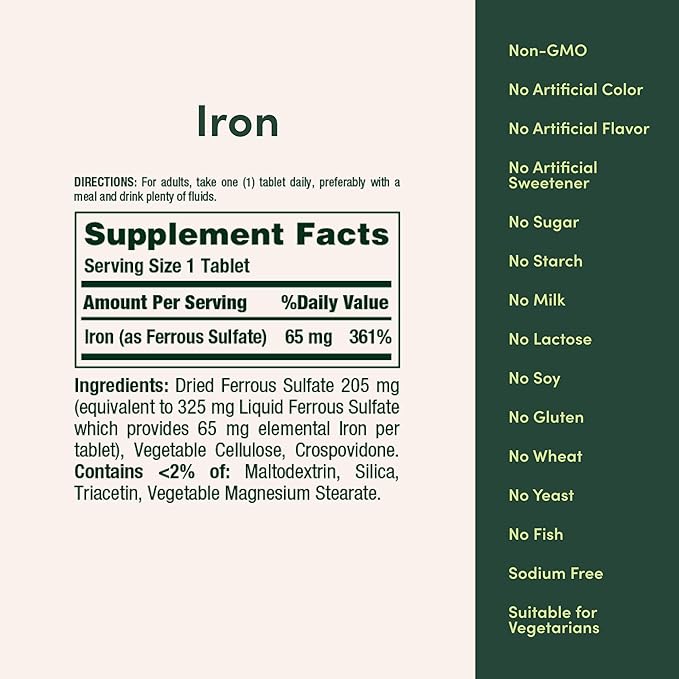 Nature's Bounty Iron 65mg, 325 mg Ferrous Sulfate, Cellular Energy Support, Promotes Normal Red Blood Cell Production, 100 Tablets (Pack of 2)