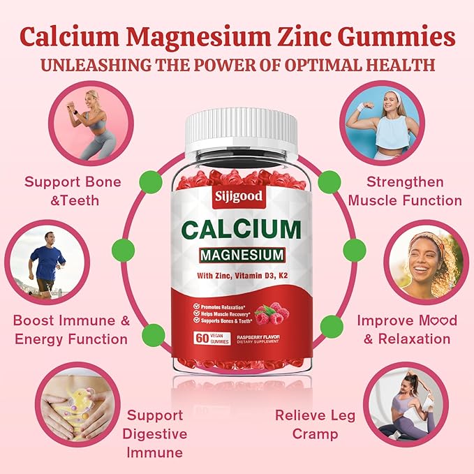 2 Pack Calcium Magnesium Zinc Gummies – Calcium with Vitamin D3 & K2, Calcium Citrate Gummies for Bone, Muscle, Calm & Zzz Support –High Absorption Magnesium, Raspberry Flavored, 120 Count