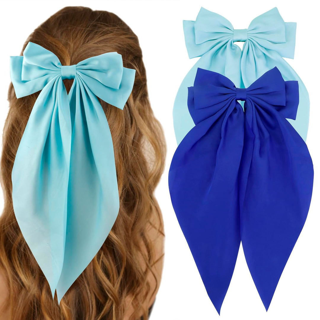Atoden Silky Satin Oversized Long Tail Bowknot Hair Accessories - 2 Pcs Big Blue Barrettes With Metal Clips For Women