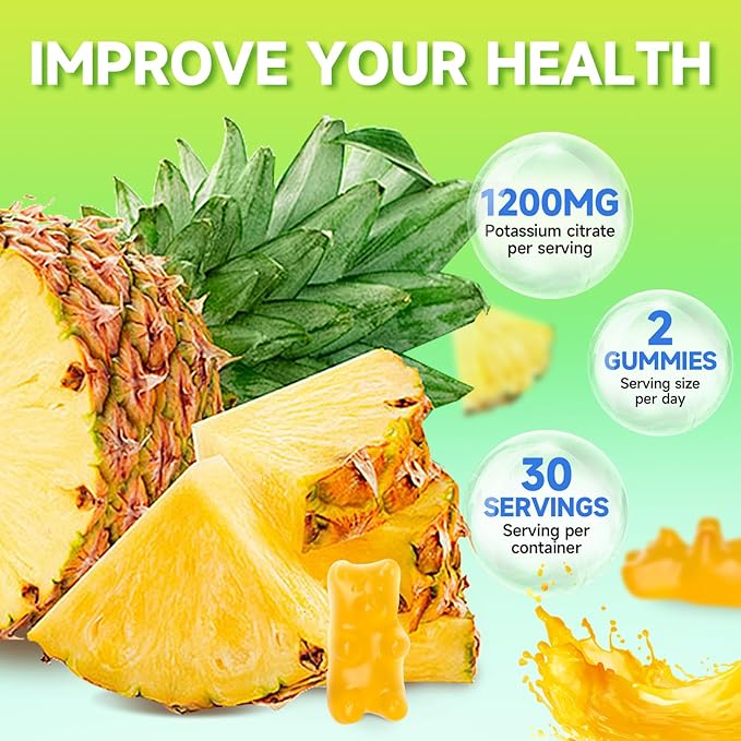Potassium Citrate Gummies, High Potassium Supplement Gummies 1200mg Support Leg Cramps & Muscle Health, Potassium Gummies for Adults & Kids, Vegan, Pineapple Flavor 60 Count