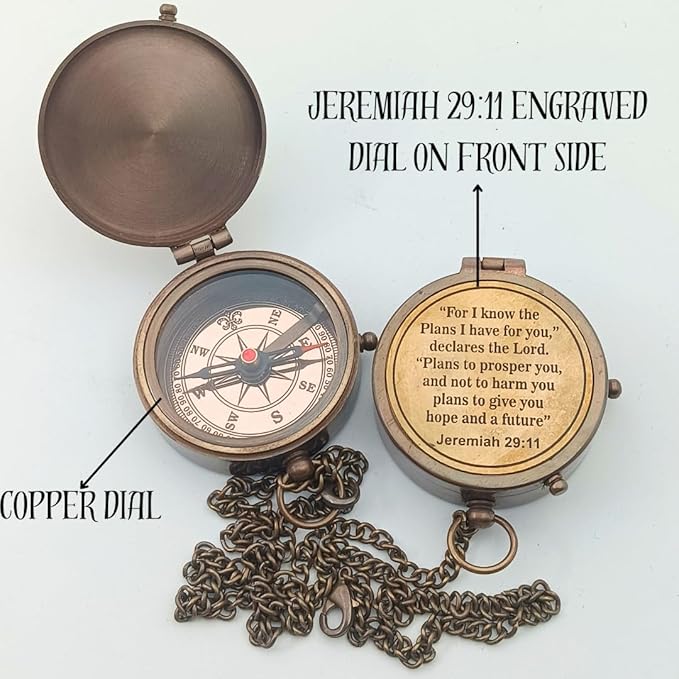 For I Know The Plans I Have For You, Jeremiah 29:11, Solid Brass Directional Engraved Compass, Baptism Gifts for Boys Girls, First Communion, Christian Gifts for Men, First Confirmation Gifts for Boys